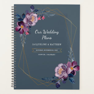 Agenda Purple Floral Script Faux Gold Geométrico Boda