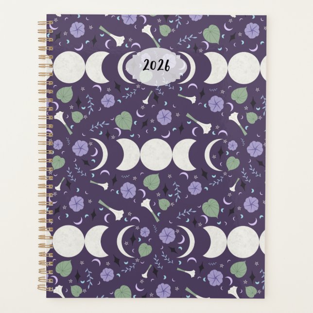 Agenda Purple Moon Phase Floral Pattern 2026 Planner (Anverso)