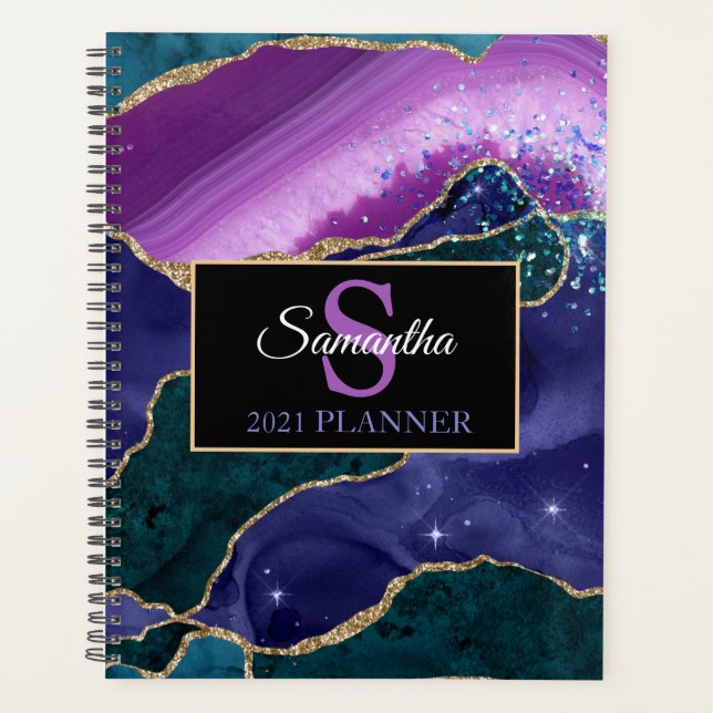 Agenda Purple Verde azulado Gold Agate Monograma Lujo mod (Anverso)