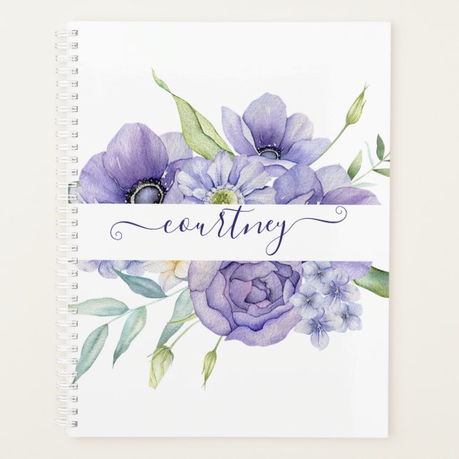 Agenda Púrpura acuarela floral personalizada (Anverso)