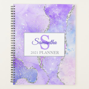 Agenda Púrpura Claro y Agata de Brillo Falso Plateado