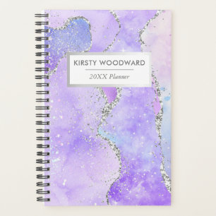 Agenda Púrpura Pastel y Agata Falsa Plateada Blanca