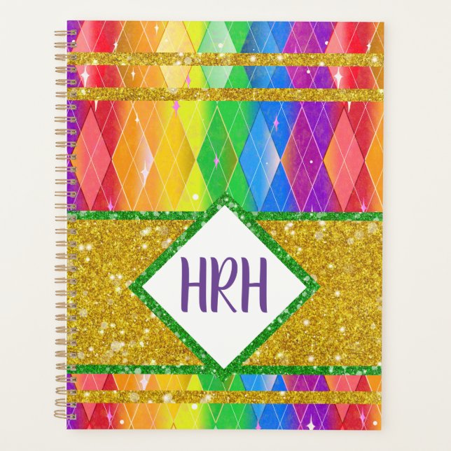 Agenda Purpurina arcoiris Monograma Orgullo Argyle Diamon (Anverso)