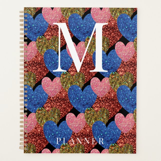 Agenda Purpurina Corazón Monograma de Glam Moderno (Anverso)