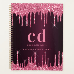 Agenda Purpurina de color rosa de Borgoña gotea monograma