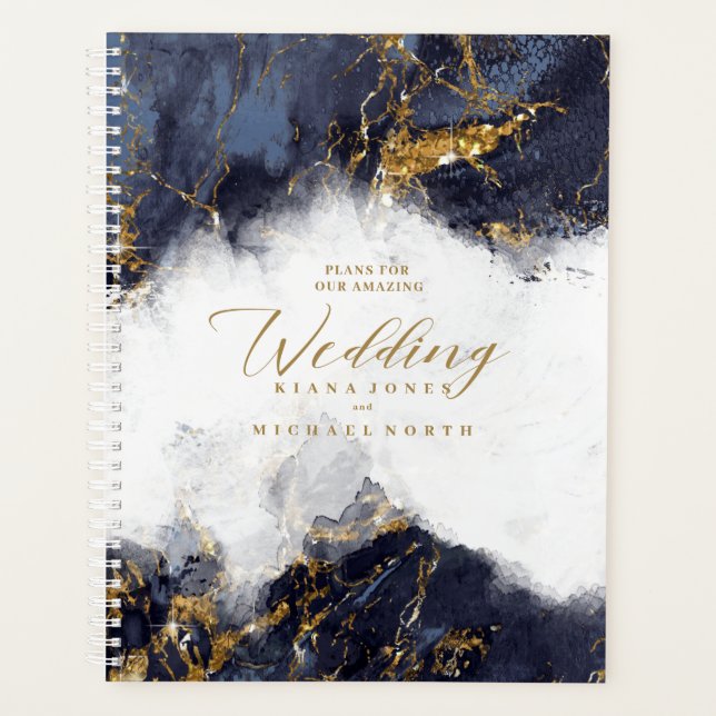 Agenda Purpurina de mármol Boda Navy Blue Gold ID644 (Anverso)