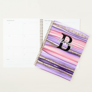 Agenda Purpurina de monograma rosa y morado lindo