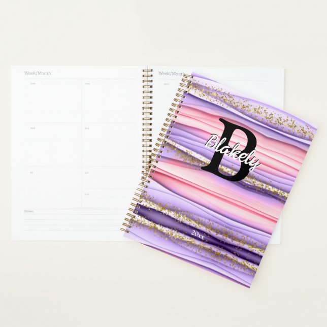 Agenda Purpurina de monograma rosa y morado lindo (Demostración)