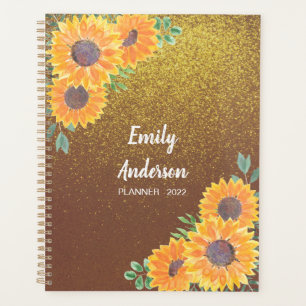 Agenda Purpurina de oro del girasol amarillo personalizad