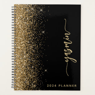 Agenda purpurina de oro negro personalizado de 2024
