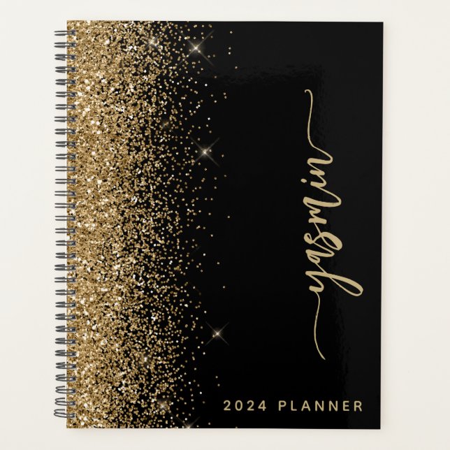 Agenda purpurina de oro negro personalizado de 2024 (Anverso)