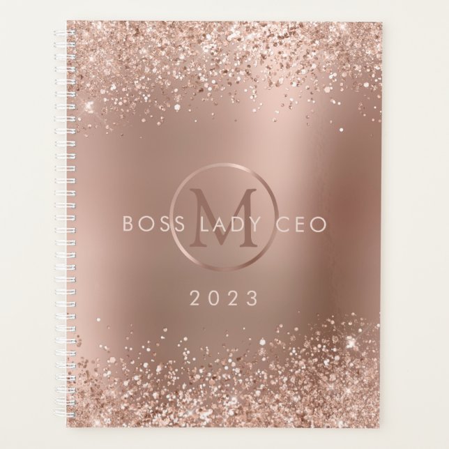 Agenda Purpurina de oro Rosa Monograma metálico 2023 Boss (Anverso)