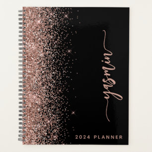 Agenda purpurina de oro Rosa negro personalizado de 2024