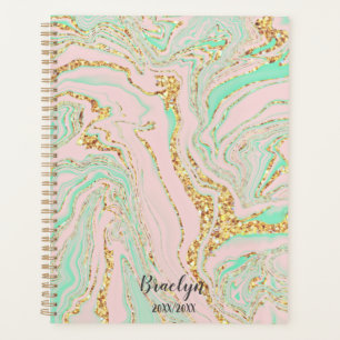 Agenda Purpurina de oro rosa y mármol de menta personaliz