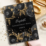 Agenda Purpurina floral de oro negro nombre glamoroso 202<br><div class="desc">Un fondo negro con polvo falso purpurina de oro y flores negras con follaje dorado. El nombre está escrito con una escritura de estilo con letras a mano moderna. Personalice y agregue su nombre,  título y año.</div>