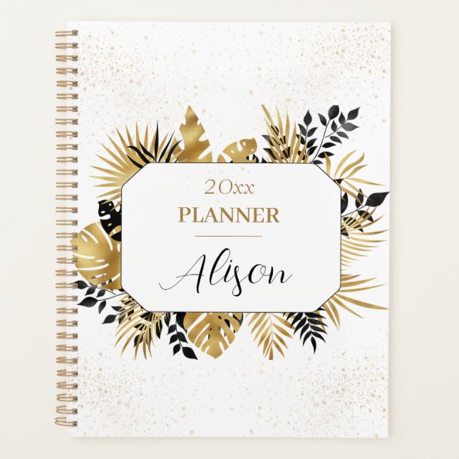 Agenda Purpurina Floral Personalizado En Negro Y Oro (Anverso)
