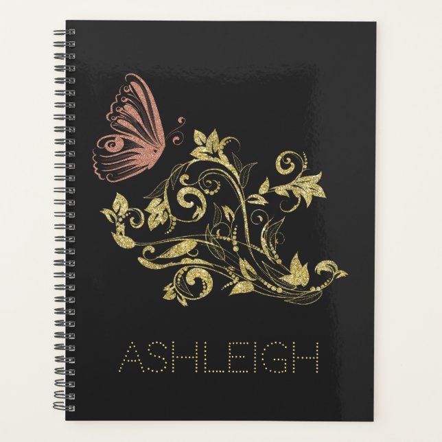 Agenda Purpurina Gold Flourish Mariposa personalizada (Anverso)