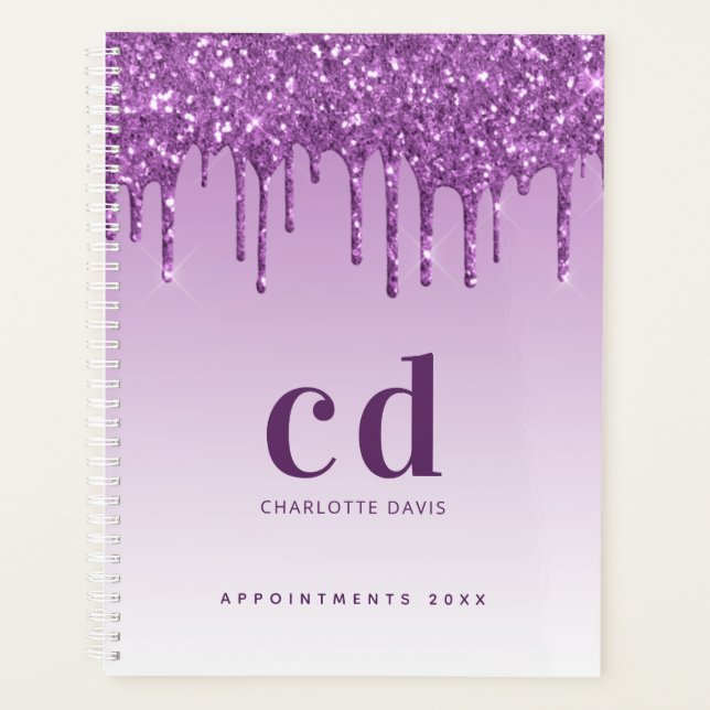 Agenda Purpurina morado gotea violeta monograma 2025 (Anverso)