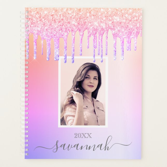 Agenda Purpurina morado rosado gotea foto personalizado (Anverso)