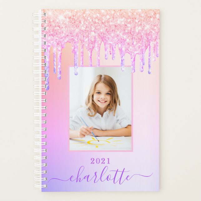 Agenda Purpurina morado rosado gotea una escuela de chica (Anverso)