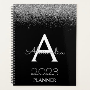 Agenda purpurina negro plateado 2023 Monograma Lujo moder