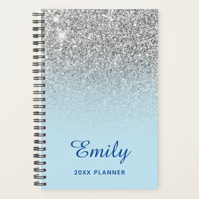 Agenda Purpurina Pastel Blue Silver Ombre Personalizado (Anverso)