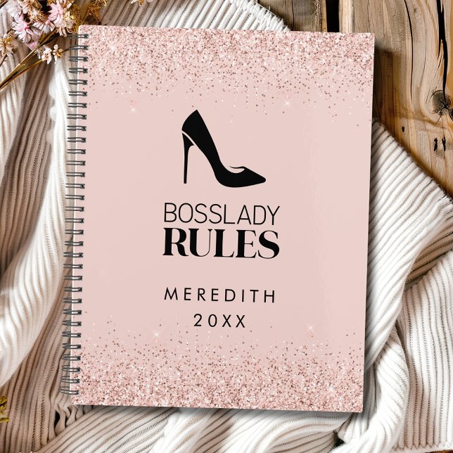 Agenda Purpurina Rosa de oro Bosque Lady Logo Rubor (Rose Gold Glitter Boss Lady Rules Stiletto Logo Blush Pink Annual Planner)