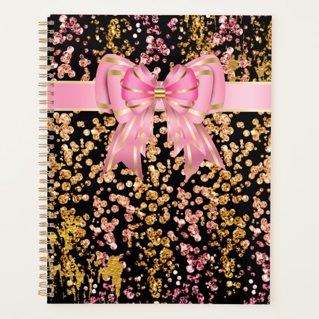 Agenda Purpurina rosa negro arco dorado shimmer golpes (Anverso)