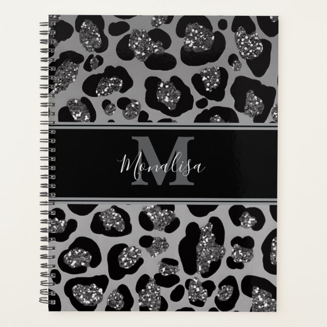 Agenda purpurinoso negro y plateado monogramado personali (Anverso)