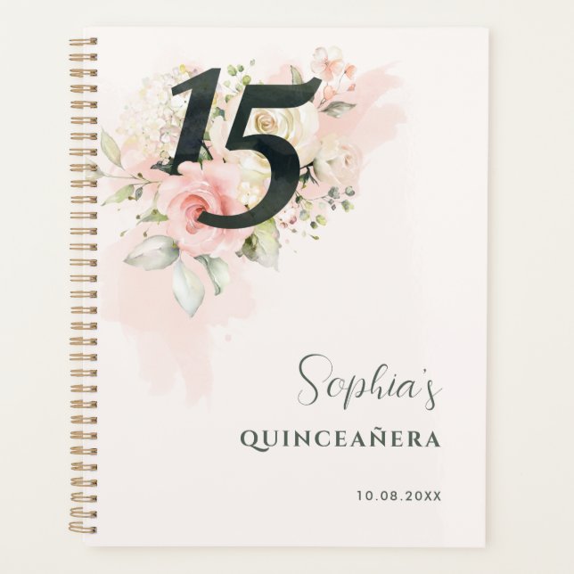 Agenda Quinceanera floral rosa Rústica Rubor 15º cumpleañ (Anverso)