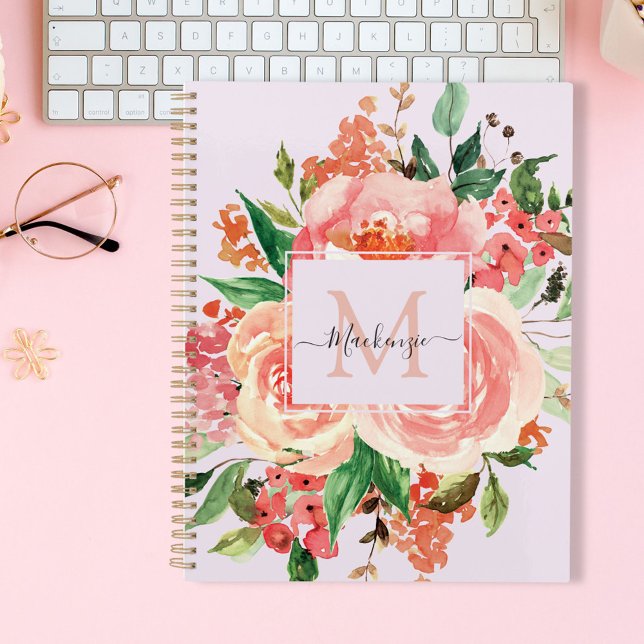 Agenda Ramo Floral Rosa Claro Monograma Moderno (In situ)