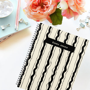 Agenda Rayas Negras y Crema Divertidas Sencillas Elegante