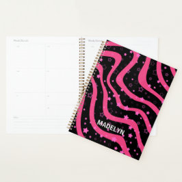 Agenda Rayas Y Estrellas De Color Rosa Negro Y Caliente P