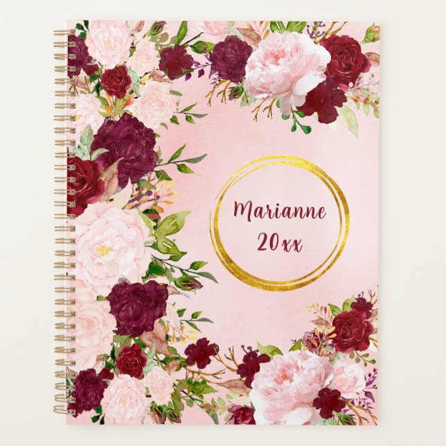 Agenda Red & Pink Roses with Gold Name Frame Personalized (Anverso)
