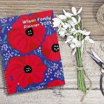 Agenda Red Poppies Hand-illustrated Floral Pattern<br><div class="desc">Family planner book with red poppies design.  Bold,  floral illustration on front and back.  Red flowers,  with black centers,  on a blue background.  Customize printed,  white text in the upper right corner,  with family name,  year,  or any text.  The planner contains a sheet of fun stickers.</div>
