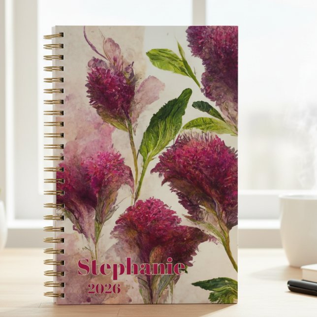 Agenda Regalo Botánico de Flores Silvestres para Graduaci (Artistic magenta celosia wildflower notebook — a perfect 2026 graduation gift for her or teacher.)