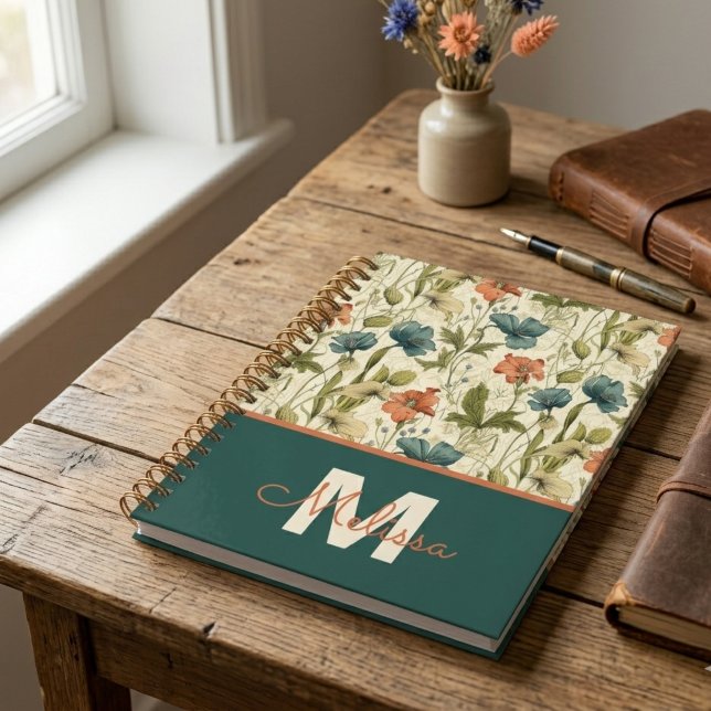 Agenda Regalo Botánico de Flores Silvestres para Graduaci (Vintage teal and orange wildflower pattern notebook — a perfect graduation gift for her or teacher.)