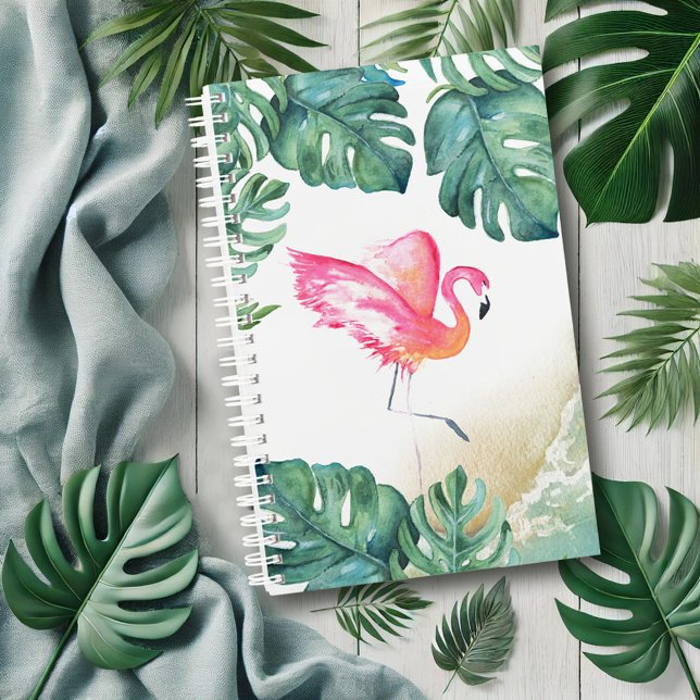 Agenda Regalos de flamenco rosado tropical (Tropical planner with watercolor pink flamingo and palm leaves art by Victoria Grigaliunas)