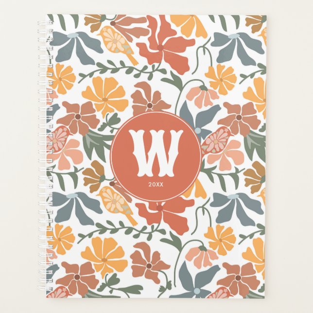 Agenda Resumen Aves Florales Mid Century Monograma modern (Anverso)