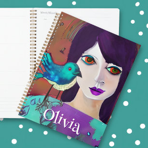 Agenda Resumen Chica y pájaro morado y Verde azulado pers