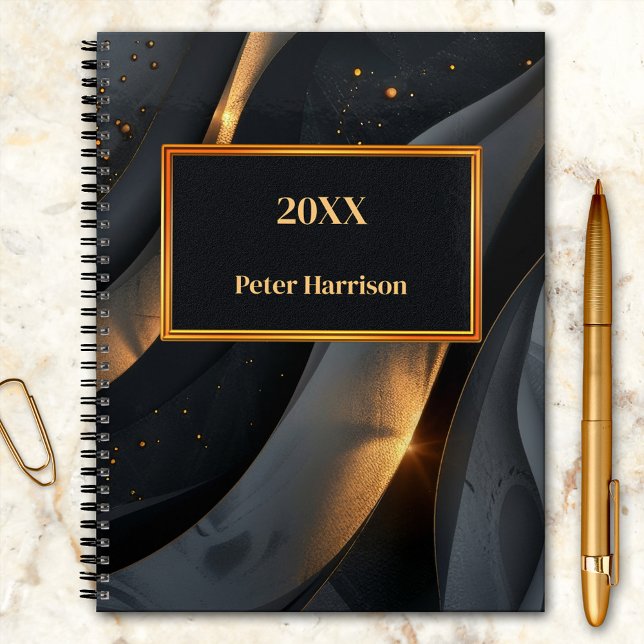 Agenda Resumen de oro negro celestial (Planner featuring a stylish celestial abstract design in copper gold and grey black colors)