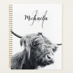 Agenda Retrato de vaca Highland monograma inicial blanco