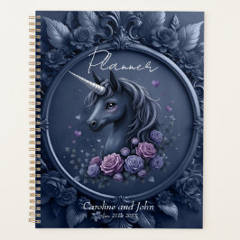 Agenda Retrato negro de unicornio en un marco redondo