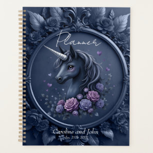 Agenda Retrato negro de unicornio en un marco redondo