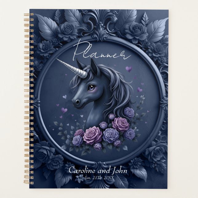 Agenda Retrato negro de unicornio en un marco redondo (Anverso)