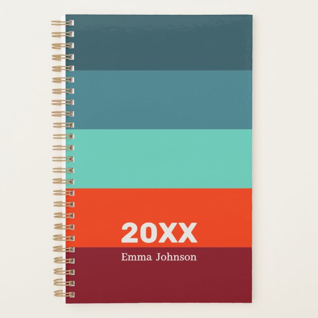 Agenda Retro Blue Scarlet Burgundy Stripe 2026 Name (Anverso)