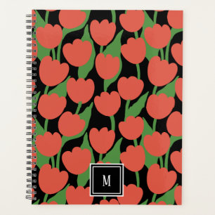 Agenda Retro de tulipanes rojos, monograma personalizado