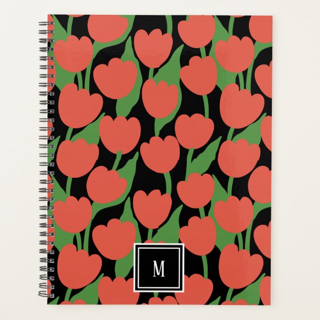 Agenda Retro de tulipanes rojos, monograma personalizado (Anverso)
