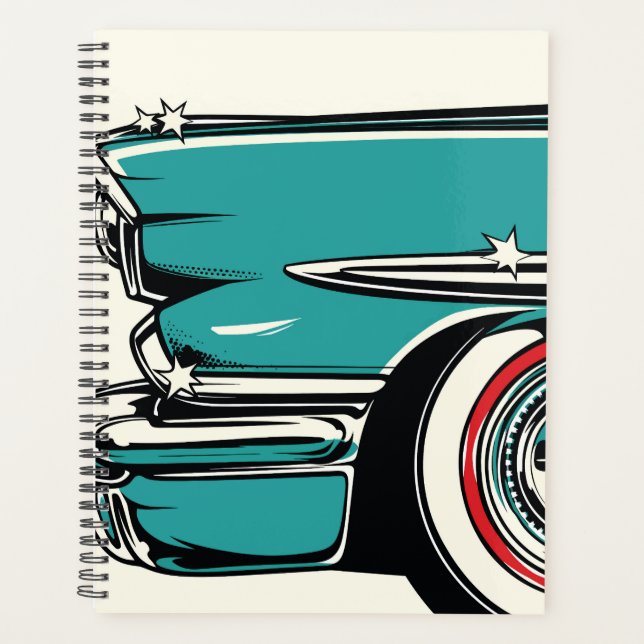 Agenda Retro Teal Sports Car Front Pop Art Illustration (Anverso)