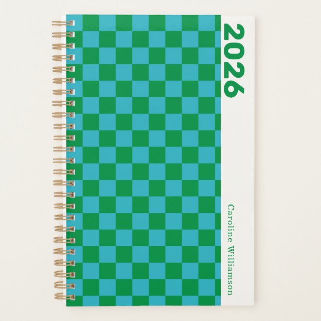 Agenda Retro verde azul de tablero de ajedrez personaliza (Anverso)